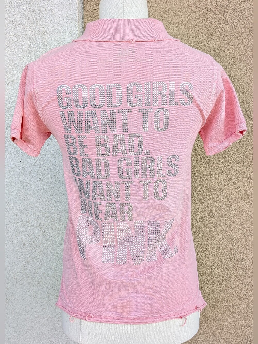 Vintage Victoria's Secret PINK x e.vil Rhinestone Polo Shirt Y2K McBling Small